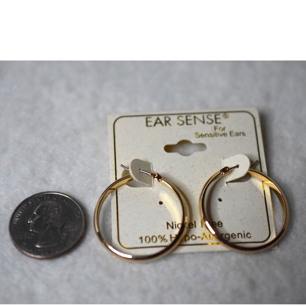 NWT Ear Sense 1" Gold Tone Hoop Casual Unisex Latch Back Earrings - Picture 2 of 2